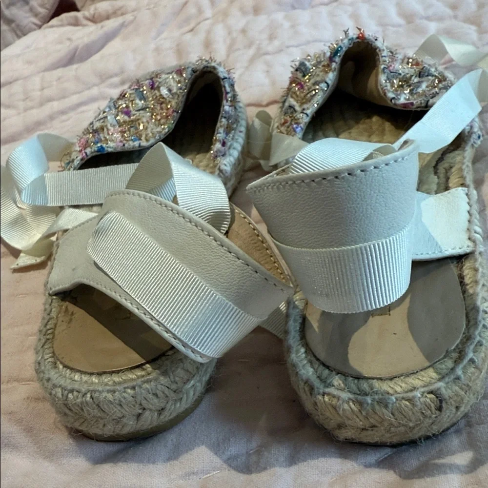 LK Bennett Multicolor Gold Sparkle Woven Espadrille Flats Ribbon Tie 38 8